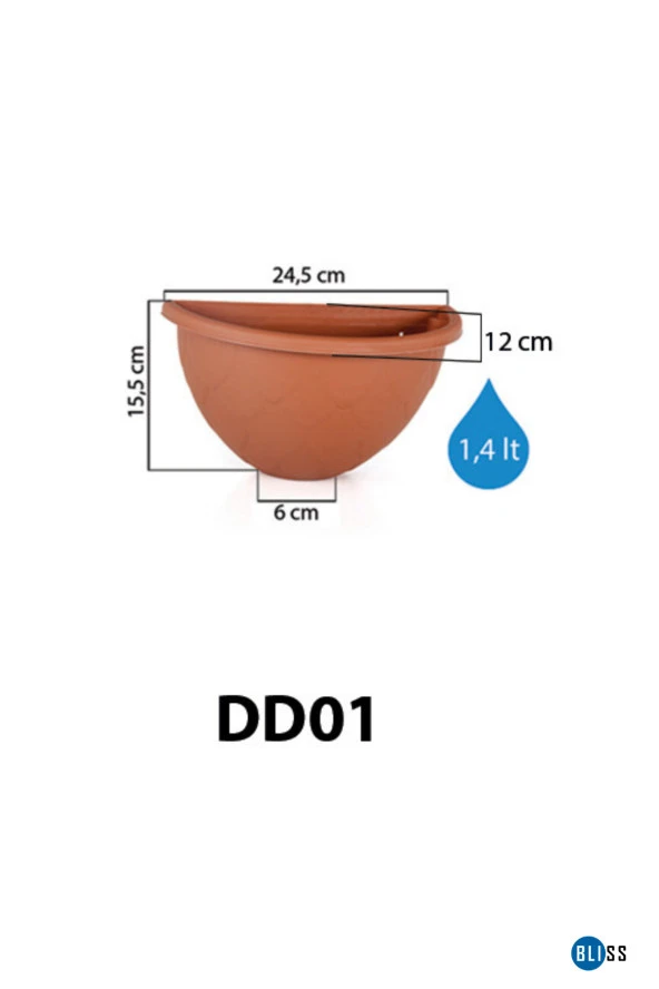1,4 Litre Beyaz Yarım Duvar Dekoratif Balkon Saksısı Bahçe Duvarı Mat Plastik Saksı
