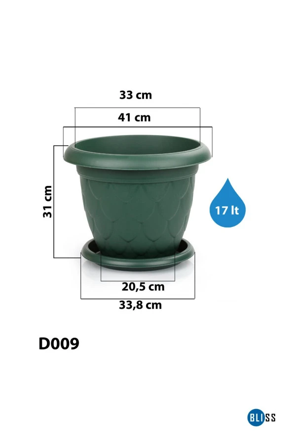 17 Litre Damla Desenli Kiremit Renk Mat Plastik Büyük Boy Yuvarlak Saksı Tabaklı