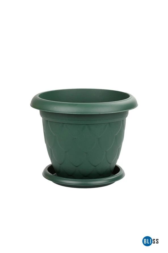 5 Litre Damla Desenli Yeşil Renk Mat Plastik Orta Boy Yuvarlak Saksı Tabaklı