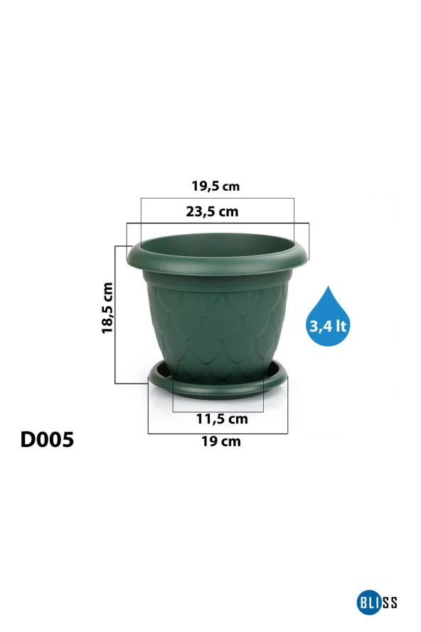 3,4 Litre Damla Desenli Yeşil Renk Mat Plastik Küçük Boy Yuvarlak Saksı Tabaklı