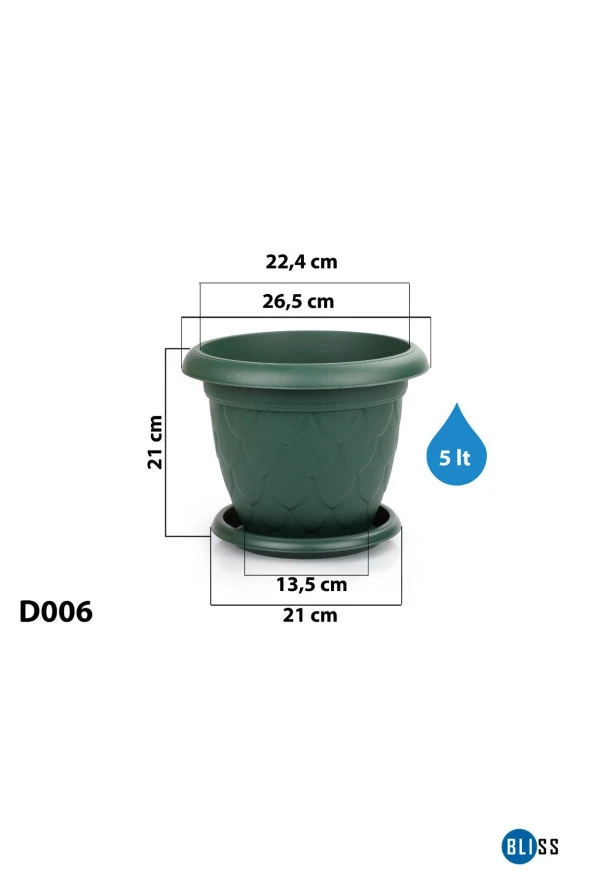 5 Litre Damla Desenli Yeşil Renk Mat Plastik Orta Boy Yuvarlak Saksı Tabaklı
