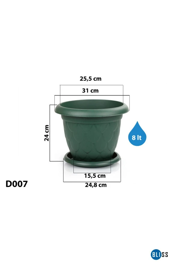 8 Litre Damla Desenli Kiremit Renk Mat Plastik Orta Boy Yuvarlak Saksı Tabaklı - 2