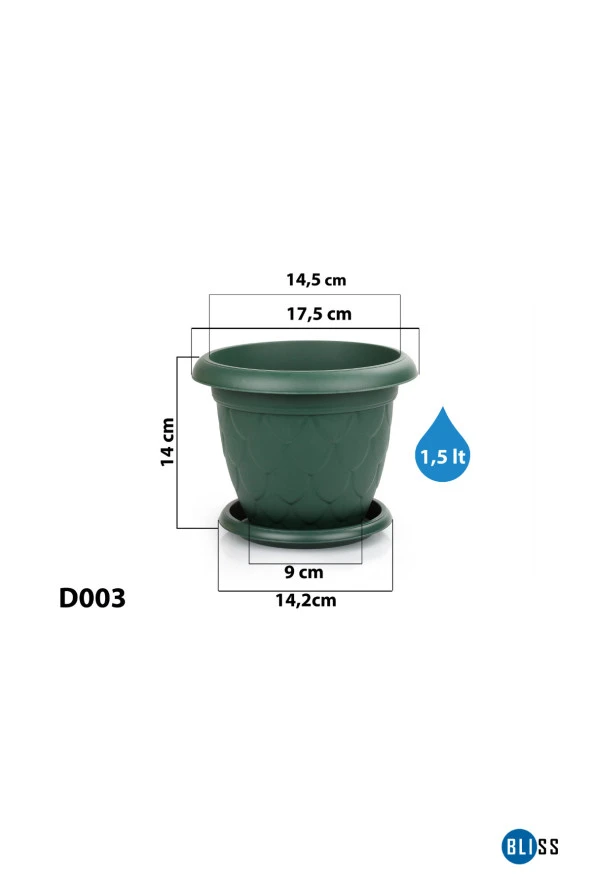 1,5 Litre Damla Desenli Yeşil Renk Mat Plastik Küçük Boy Yuvarlak Saksı Tabaklı