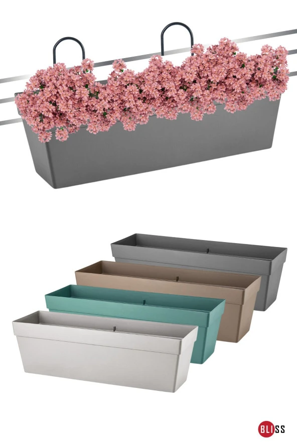 4 Adet Çok Renkli Yalı Askılı Saksı 10,8 lt 50 cm Plastik Bahçe Balkon Veranda Küpeşte Çiçek Saksısı