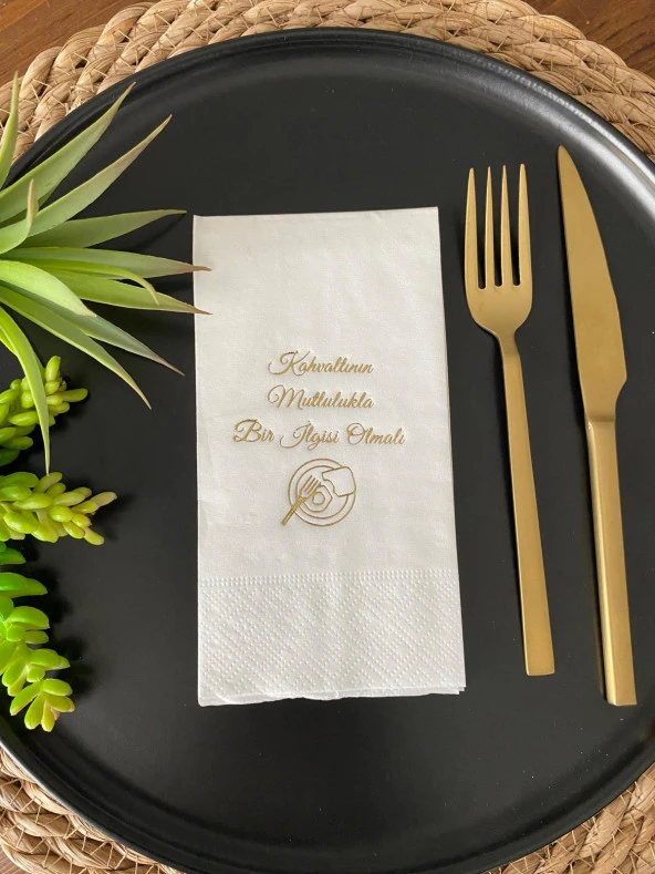 Gold Yaldızlı Beyaz Kahvaltının Mutlulukla Bir İlgisi Olmalı Peçete 16 Adet ürün görseli 1