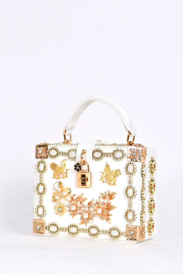 Elatae Kadın Omuz Askılı Taşlı El Çantası Beyaz 17608 - Resim 2
