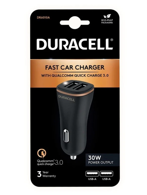 Duracell 30W Araç Şarj Başlığı ( Dual USB-A Port ) - Siyah