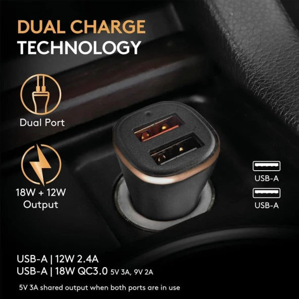 Duracell 30W Araç Şarj Başlığı ( Dual USB-A Port ) - Siyah - 4