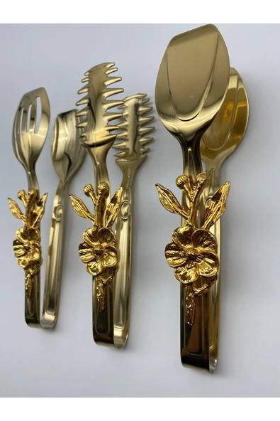Japon Güllü Gold Salata, Makarna ve Pasta Servis Sunum Maşası, Paslanmaz Çelik Yemek Maşa Seti - 3