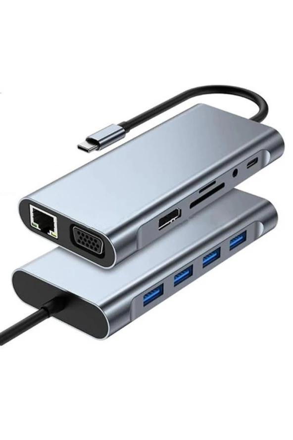 11 In 1 Type-c To Usb Hub Port Uyumlu Hdmı 4x Usb Lan Vga Sd Card Çevirici Adaptör Çoklayıcı Aparat