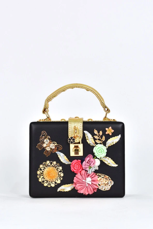 Elatae Kadın Omuz Askılı Çiçekli Abiye Günlük El Çantası Siyah 17605 ürün görseli