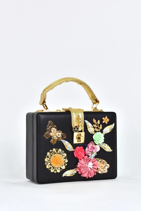 Elatae Kadın Omuz Askılı Çiçekli Abiye Günlük El Çantası Siyah 17605 - Resim 2