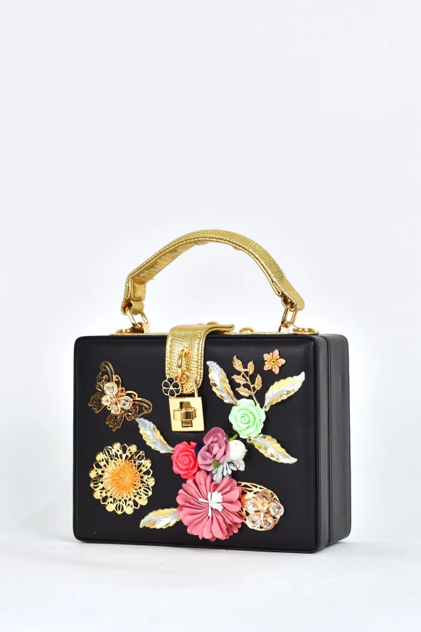 Elatae Kadın Omuz Askılı Çiçekli Abiye Günlük El Çantası Siyah 17605 - Resim 3