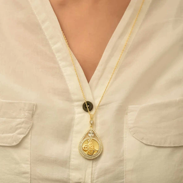 Himarry Gümüş Gold Kaplama Damla Tuğralı Kadın Kolye - Resim 3