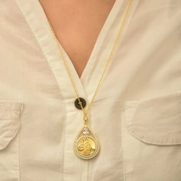 Himarry Gümüş Gold Kaplama Damla Tuğralı Kadın Kolye - Resim 4