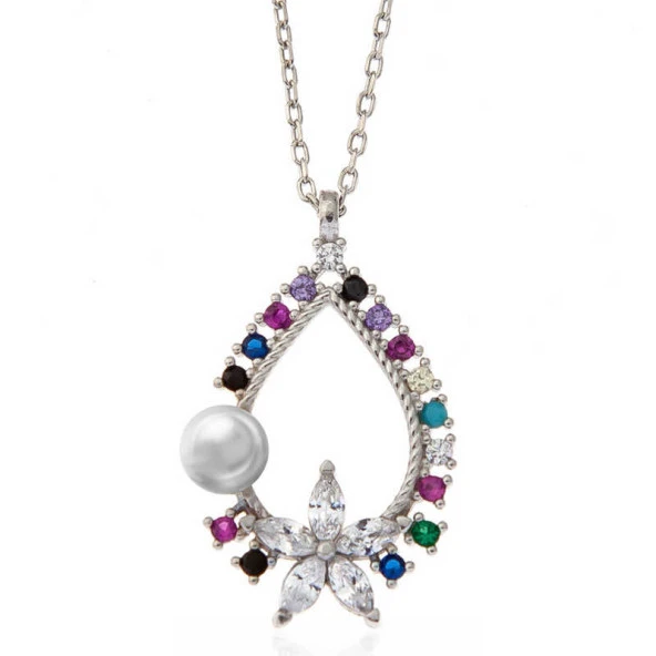 Himarry Gümüş Renkli Taşlı Çiçekli Kadın Kolye - Resim 2