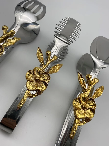 Japon Güllü Gümüş Salata, Makarna ve Pasta Servis Sunum Maşası, Paslanmaz Çelik Yemek Maşa Seti - 3