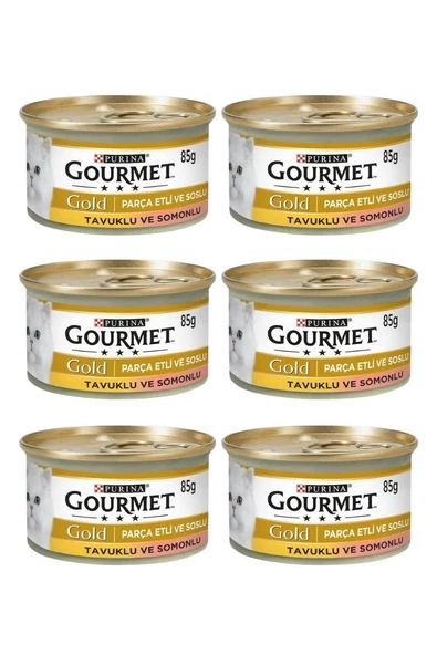 Gourmet Gold Parça Etli Somonlu ve Tavuklu Yetişkin Kedi Konservesi 85gr x 6 Adet