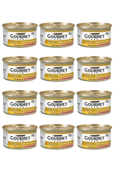 Gourmet Gold Parça Etli Somonlu ve Tavuklu Yetişkin Kedi Konservesi 85gr x 12 Adet