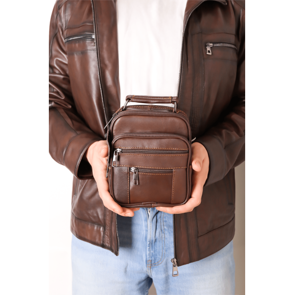 Erkek Ayarlanabilir Askılı Kahverengi Fermuarlı Kasalı Deri El Çantası ve Omuz Çantası - 4