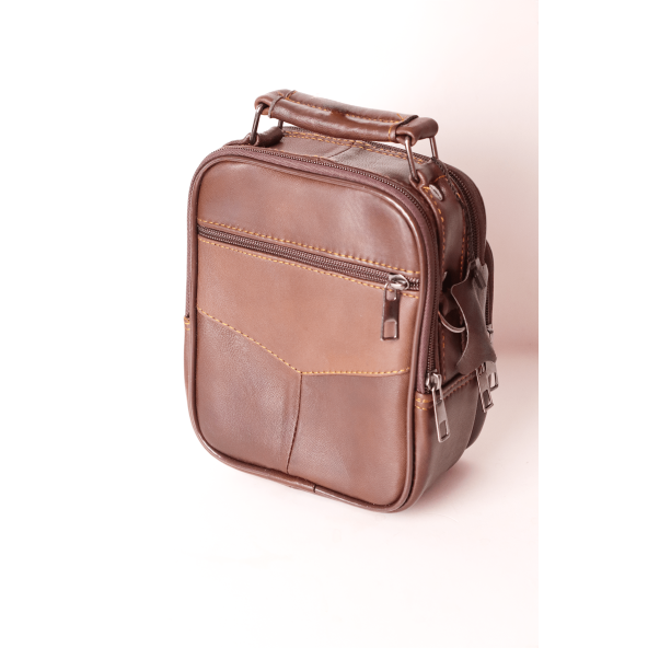Erkek Ayarlanabilir Askılı Kahverengi Fermuarlı Kasalı Deri El Çantası ve Omuz Çantası - 5