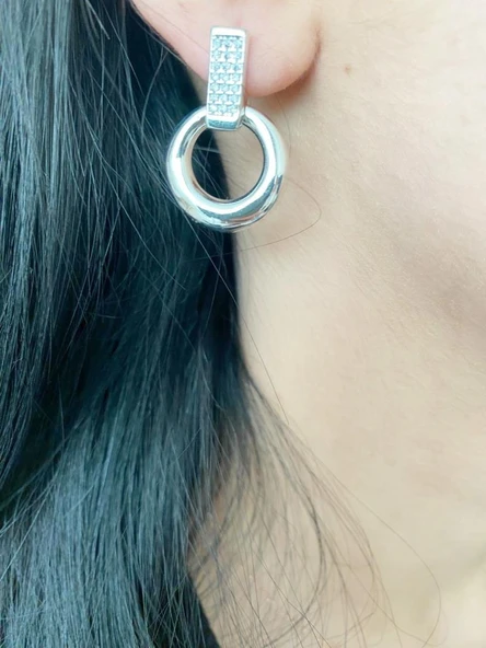 Taşlı Halka Model Kadın Küpe Beyaz Renk - 2