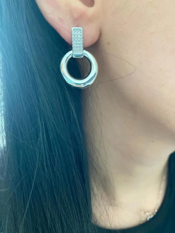 Taşlı Halka Model Kadın Küpe Beyaz Renk - 3