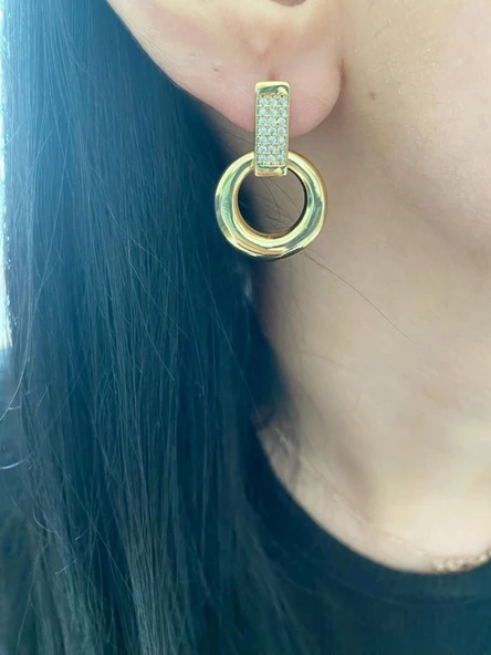 Taşlı Halka Model Kadın Küpe Altın Renk - 4