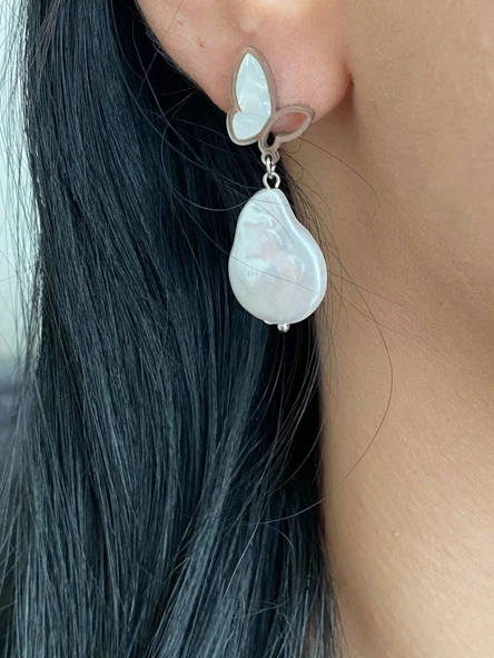 Kelebekli Model Beyaz Taş İşlemeli Kadın Küpe - 4