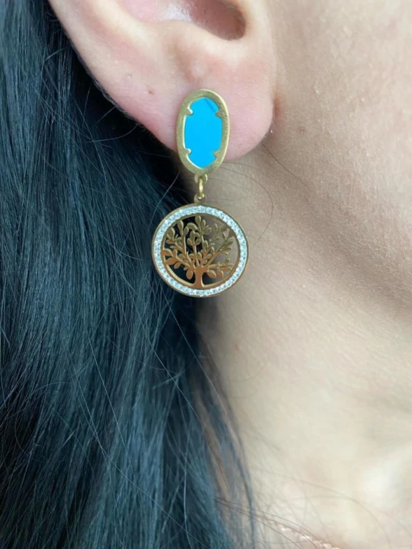 Mavi ve Altın Renk Uyumlu Taşlarla Kaplı Kadın Küpe - 2