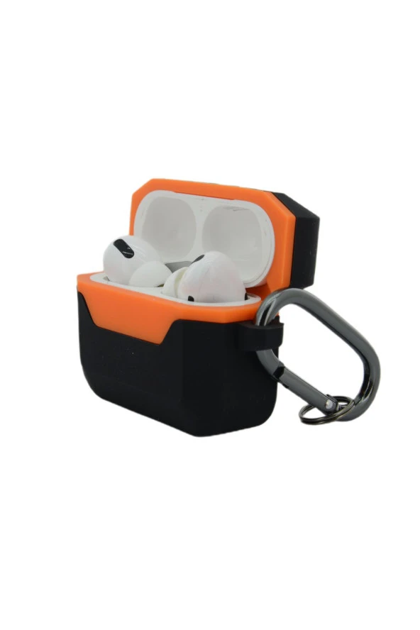 Airpods Pro ile uyumlu Silikon Kılıf Double Color Chateau Toz Kirden Koruyan Kılıf Siyah - Turuncu - 3