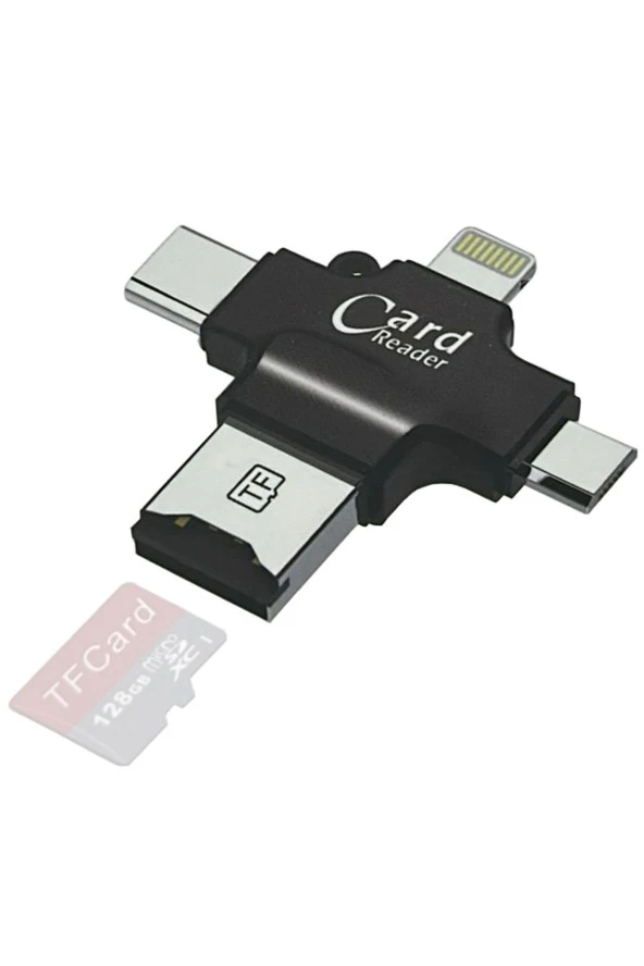 4in1 Kart Okuyucu Lightning Micro USb ve Type-C Girişli Fat32 ve exFat Destekli Card Reader SW-T1