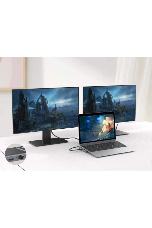 14in1 Type-C to Dock İstasyonu HDMI VGA PD(3.0), 4 x USB, 2 x USB C, 10 / 100M Gigabit Adaptör 9199A - Resim 2