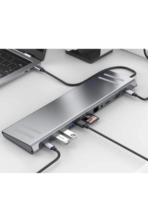 14in1 Type-C to Dock İstasyonu HDMI VGA PD(3.0), 4 * USB, 2 * USB C, 10 / 100M Gigabit Adaptör 9199A