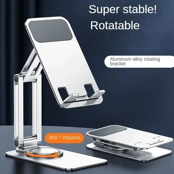 Tok Alüminyum Stand Çok Işlevli Döner Telefon Standı Masaüstü Stand Katlanabilir Gümüş Renk Zr644 - 7