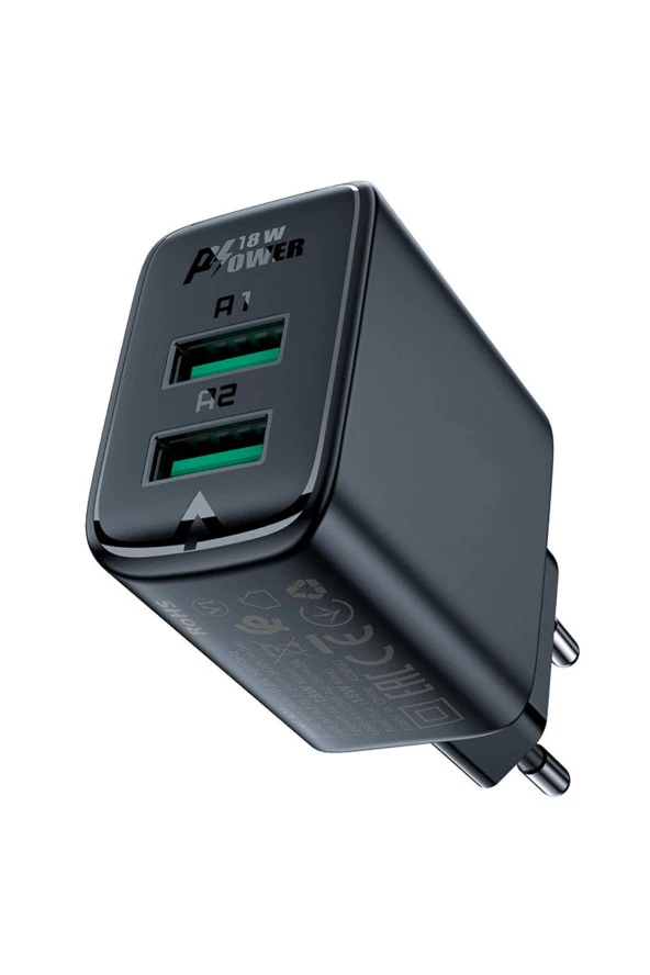 Duvar Şarj Çift USB-A Çıkışlı 18W Telefon ve Tablet Şarj Başlık Dual USB-A Şarj Kafa QC18W EU A33