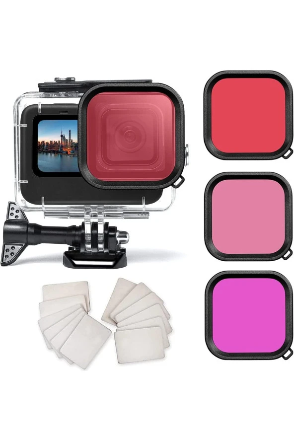 Gopro Hero 9 10 11 12 Black Uyumlu Su Geçirmez Kılıf + Dokunmatik Kapak + 3 Adet Filtre Lens
