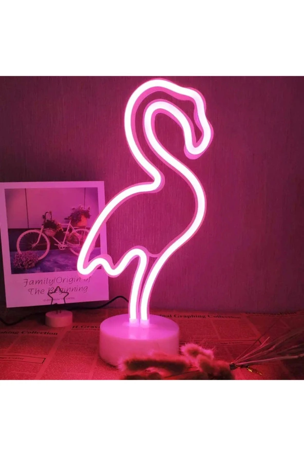 Flamingo Neon Led Işık İç Mekan Aydınlatma USB Kablosu Yada Pilli Kullanıma Uygun 30cm Yükseklik