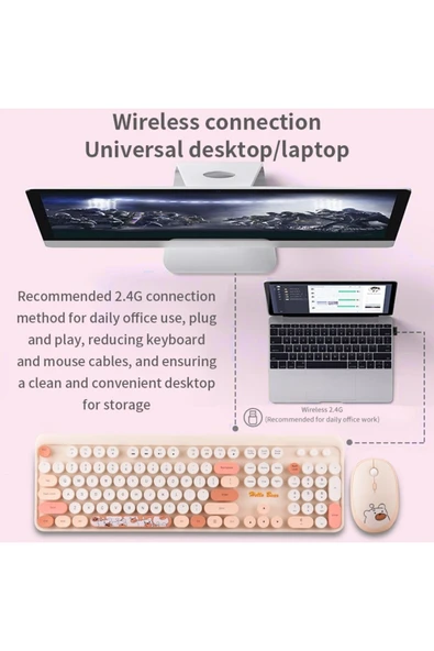 Geezer Klavye Mouse Set USB Bağlantı Wireless 2.4G Kablosuz Gençlere Çocuklara Özel Ayıcık Desenli - 5