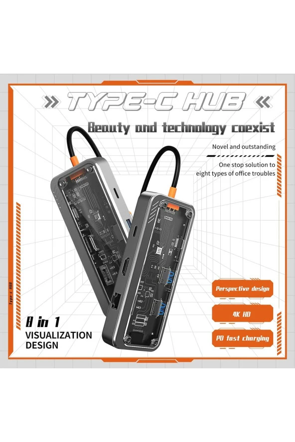 8 in 1 USB C Type-c To USB A, USB C Macbook Uyumlu Çevirici Adaptör Çok Portlu 8in1 USB HUB ZR663 - Resim 2