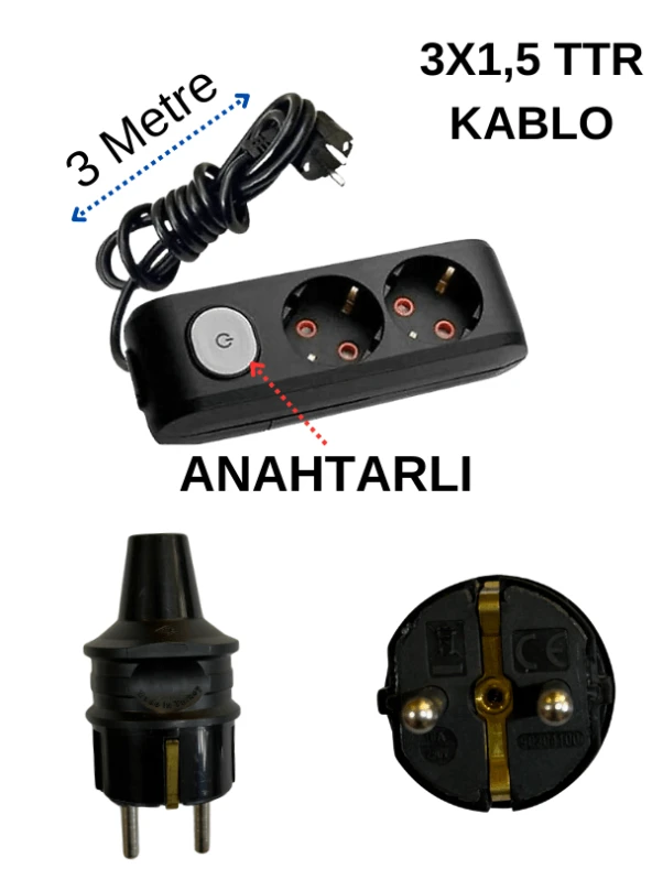 Avarson (2'Li) İkili Priz Topraklı Anahtarlı Kablolu Siyah (3x1,5 TTR) 3 (Üç) Metre