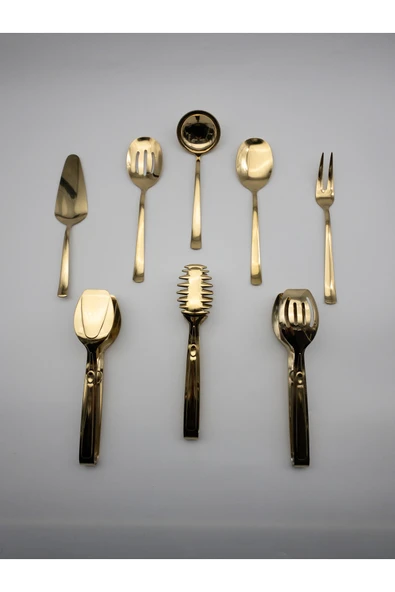 8 Parça Gold Kevgir, Kepçe, Kürek, Çatal, Kaşık ve Maşa Servis Seti 18/10 Paslanmaz Çelik - 5