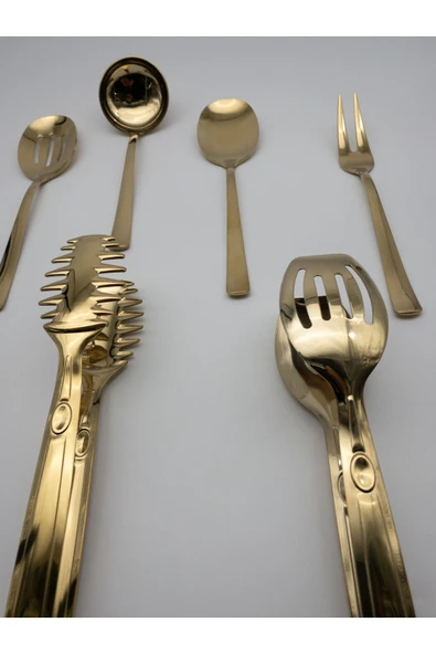 8 Parça Gold Kevgir, Kepçe, Kürek, Çatal, Kaşık ve Maşa Servis Seti 18/10 Paslanmaz Çelik - 3