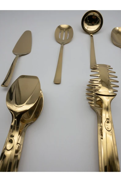 8 Parça Gold Kevgir, Kepçe, Kürek, Çatal, Kaşık ve Maşa Servis Seti 18/10 Paslanmaz Çelik - 4