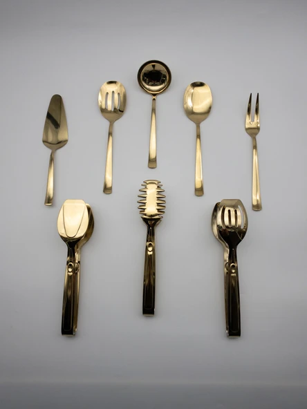 8 Parça Gold Kevgir, Kepçe, Kürek, Çatal, Kaşık ve Maşa Servis Seti 18/10 Paslanmaz Çelik - 2