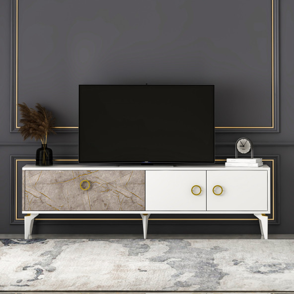 T0019 Zümrüt Alt Modül Tv Ünitesi Gordion Mermer/Beyaz - 2