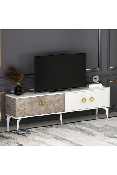 T0019 Zümrüt Alt Modül Tv Ünitesi Gordion Mermer/Beyaz - 5