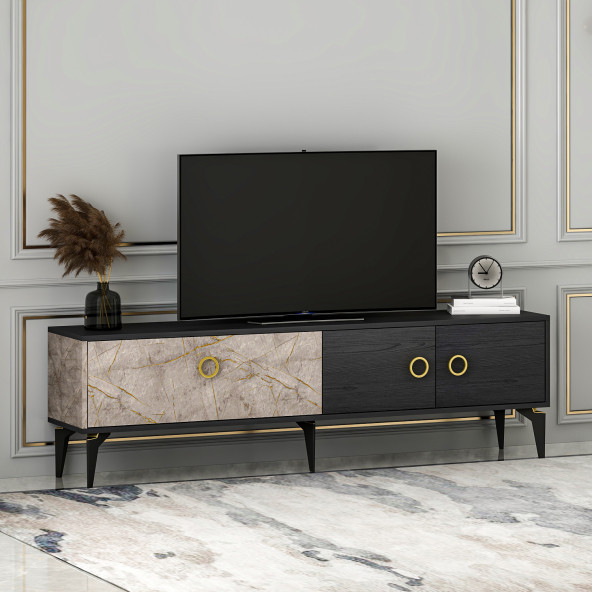 T0019 Zümrüt Alt Modül Tv Ünitesi Gordion Mermer/Ahşap Siyah - 2