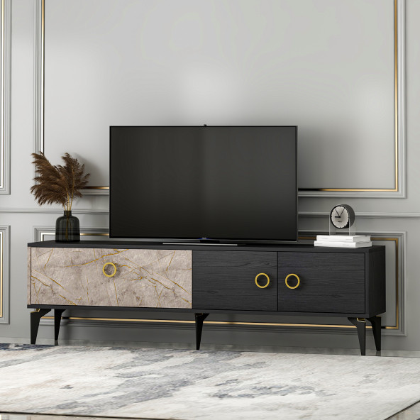 T0019 Zümrüt Alt Modül Tv Ünitesi Gordion Mermer/Ahşap Siyah - 3