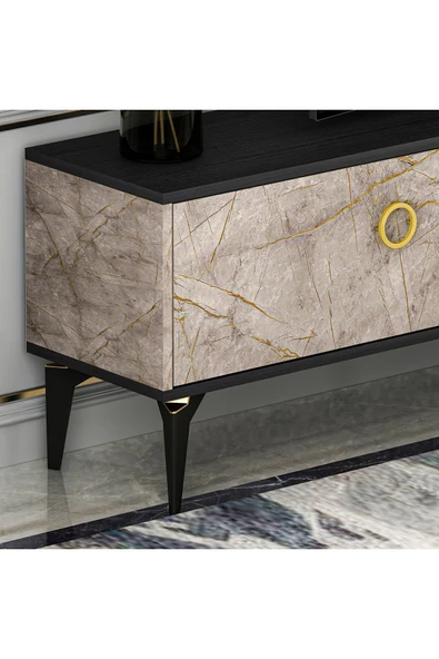 T0019 Zümrüt Alt Modül Tv Ünitesi Gordion Mermer/Ahşap Siyah - 4